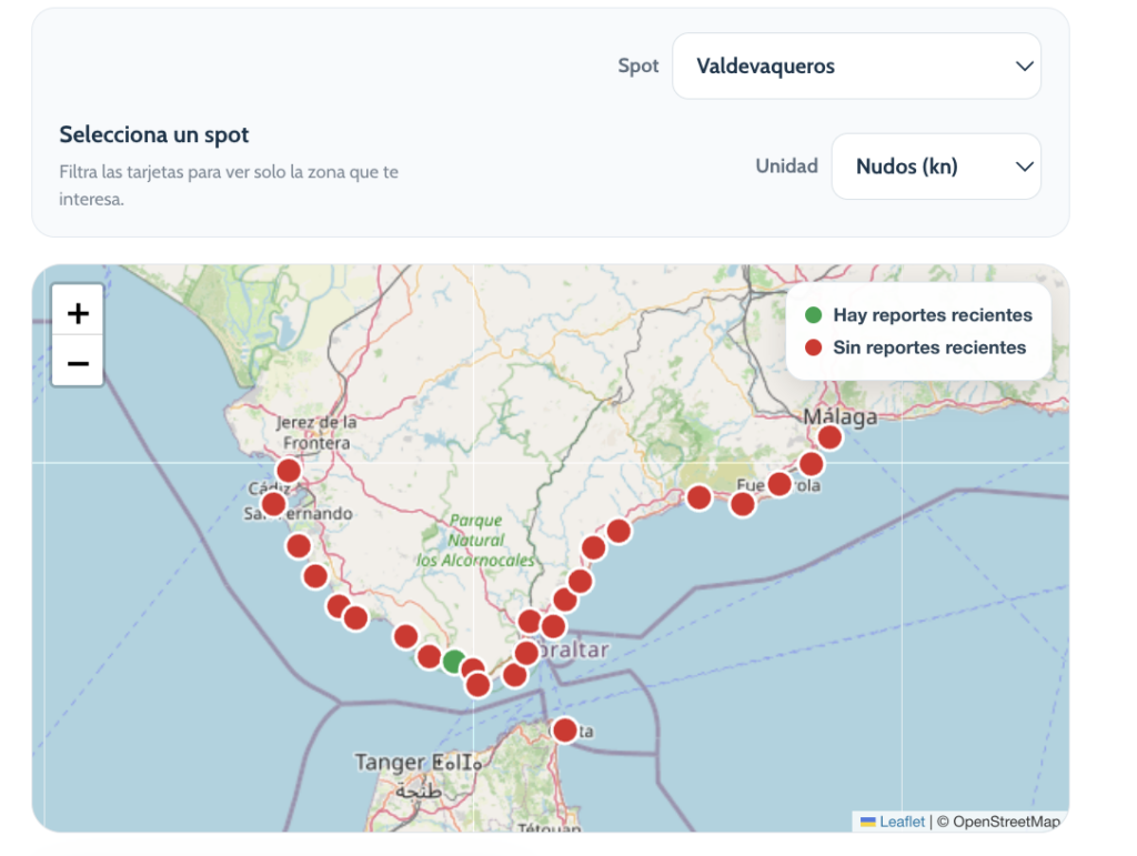 Mapa de STRAIT LIVE WIND con spots de viento real entre Cádiz, Tarifa, el Estrecho de Gibraltar y Málaga